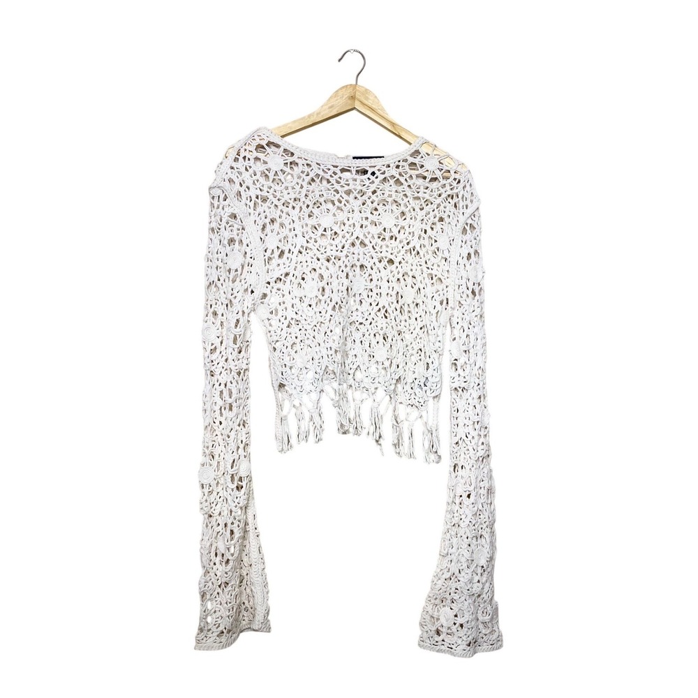 Forever 21 Crochet Crop Top XL Cream Floral Open Knit Bell Sleeve Fringe Boho